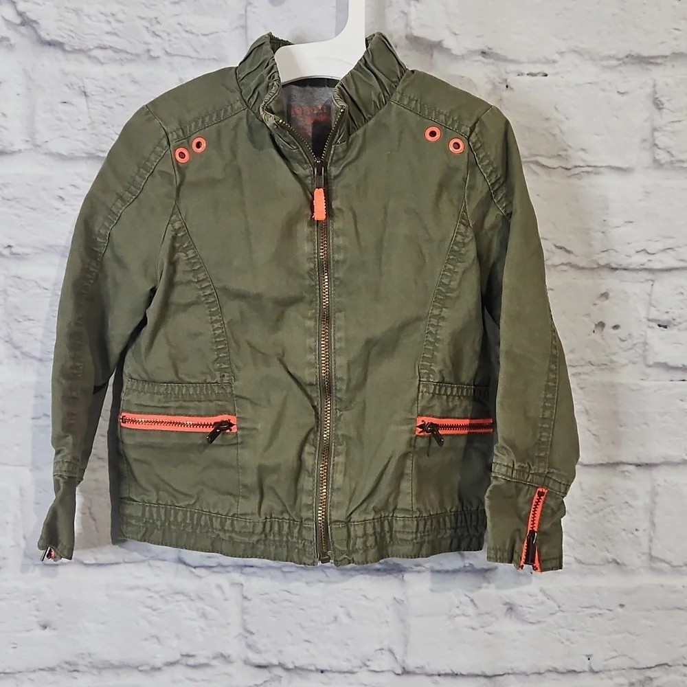 Kids Olive Green Jacket with Neon Pink Details